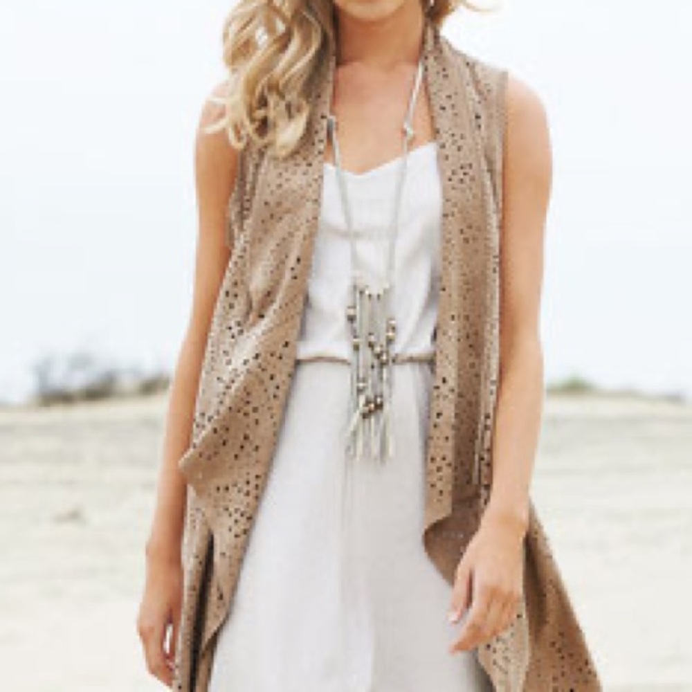 Melanie Lyne Faux Suede Laser Cut Waterfall Vest Open Front Sleeveless Jacket L